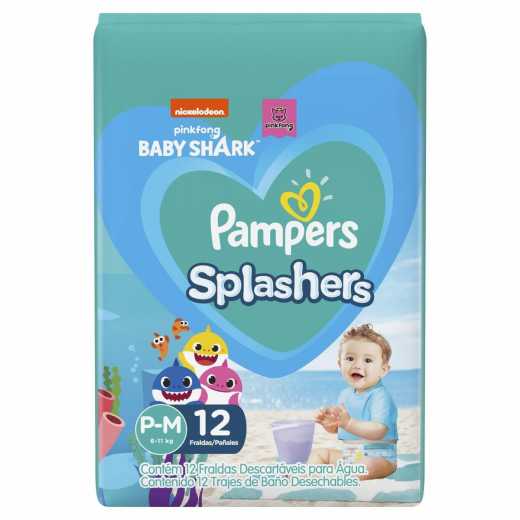 Fralda Pampers Praia e Piscina Splashers Baby Shark P/M 12Unidades