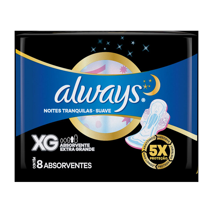 Absorvente Always Noites Tranquilas Cobertura Suave XG com Abas 8 Unidades
