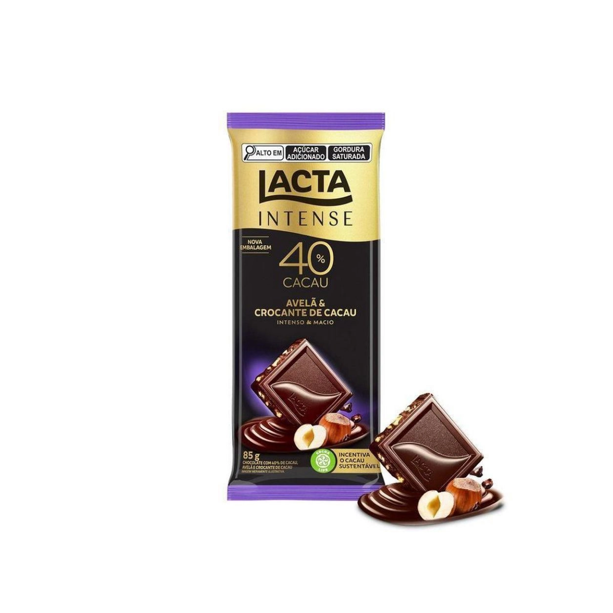 Chocolate Lacta Intense Meio Amargo 40% Cacau Avelã e Crocante de Cacau 85g