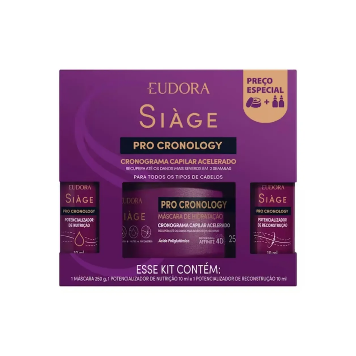 Kit Siage Pro Cronology Mascara de Hidratacao 250G + Potencializador de Nutricao 10Ml + Potencializador de Reconstrucao 10Ml