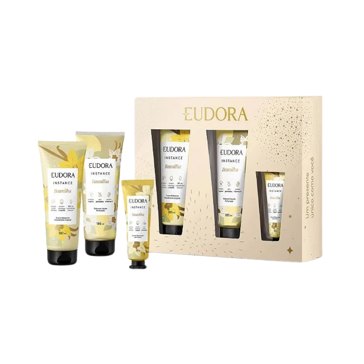 Kit Presente Instance Baunilha  Eudora Creme Hidratante Corporal 180ml + Sabonete Líquido Perfumado 180ml + Creme Hidratante Para Mãos 30g