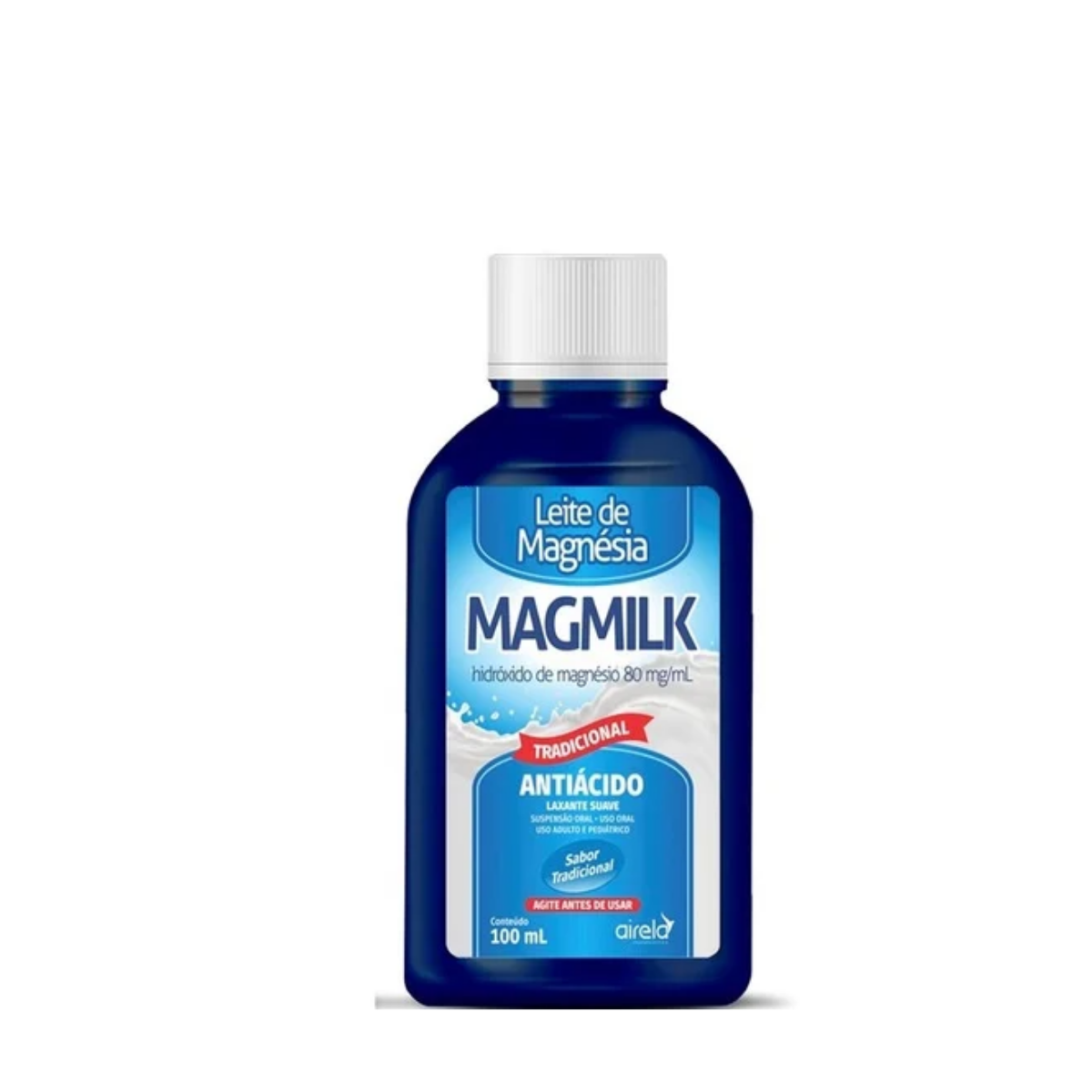 Leite de Magnesia Magmilk 80mg/mL, frasco com 100mL de suspensao de uso oral, sabor tradicional