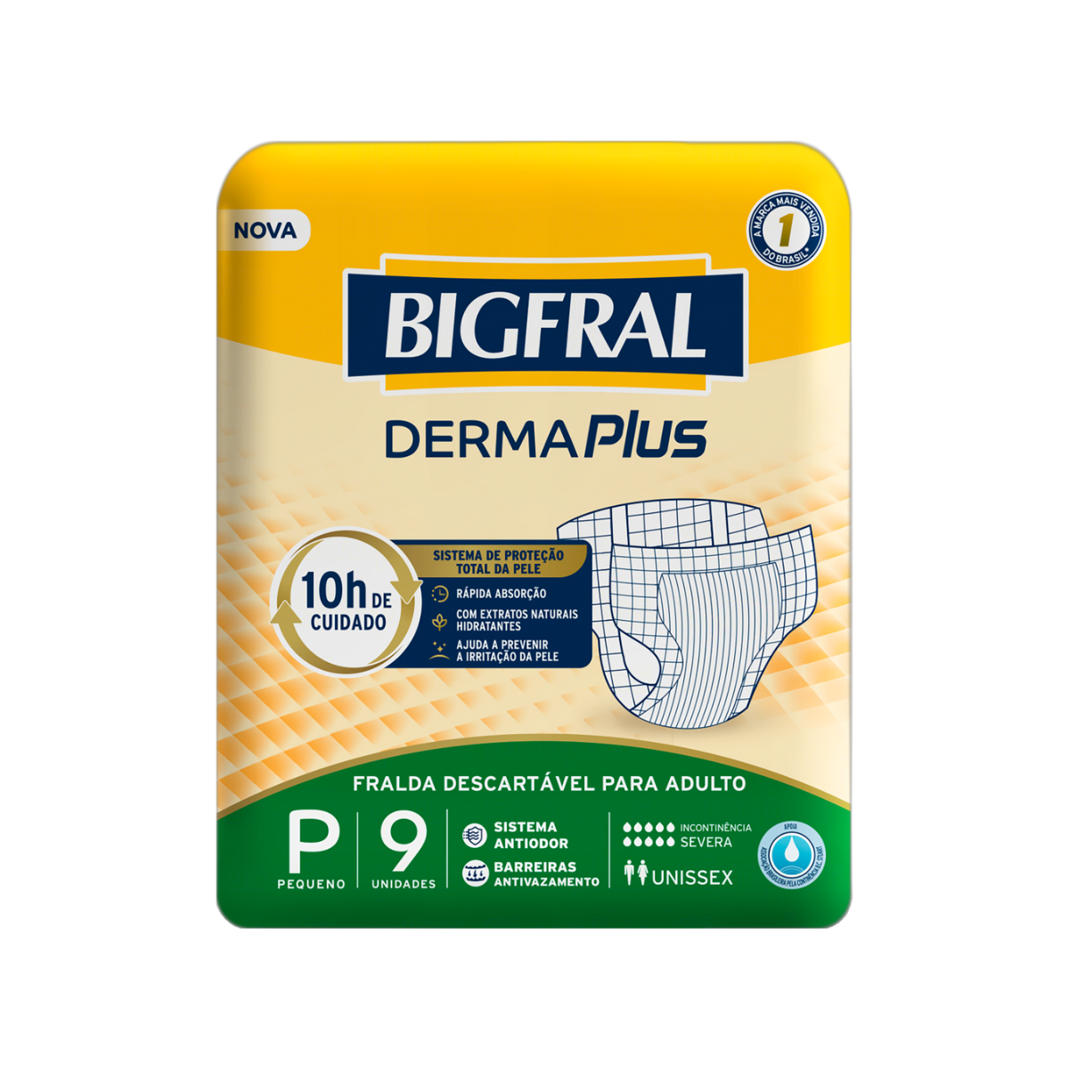 Fralda Geriatrica Bigfral Derma Plus P, pacote com 9 unidades