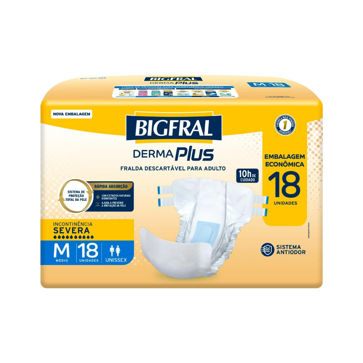 Fralda Geriátrica Bigfral Derma Plus M, pacote com 18 unidades