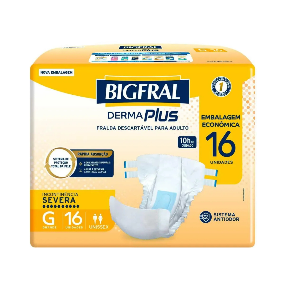 Fralda Geriatrica Bigfral Derma Plus G, pacote com 16 unidades