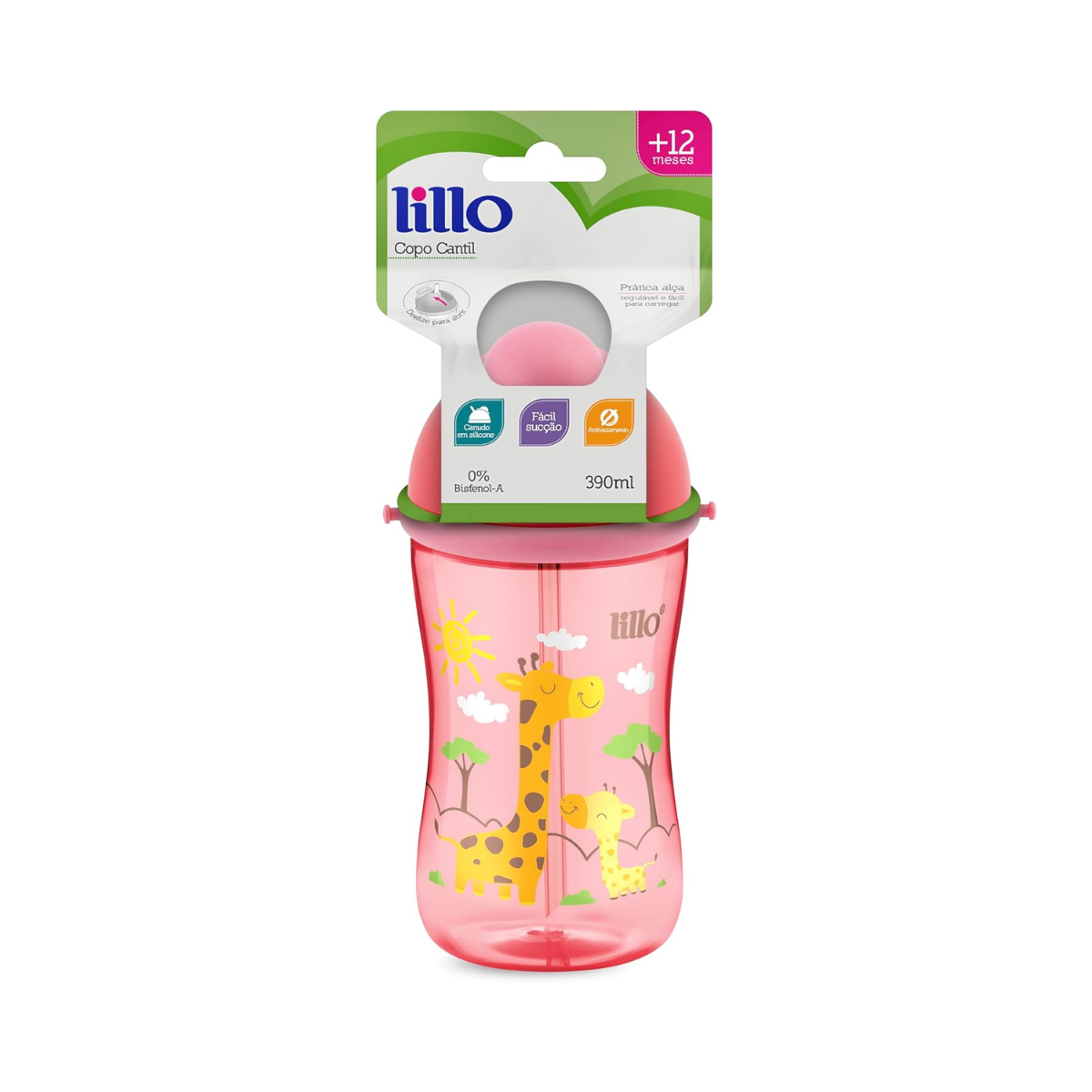 Copo Cantil Decorado Com Canudo Silicone Rosa Lillo 390 ml