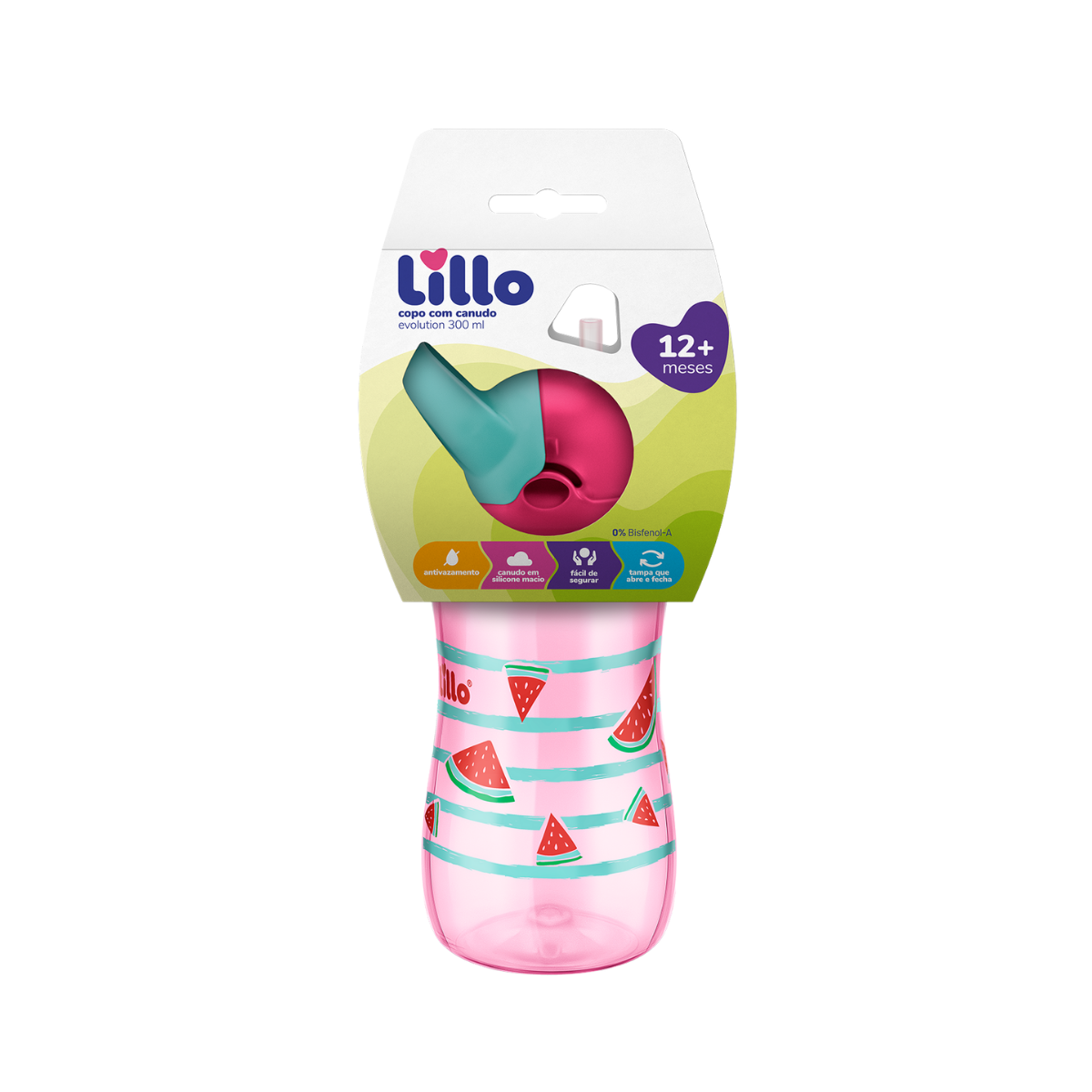 Copo Evolution Com Canudo Rosa Lillo 300ml