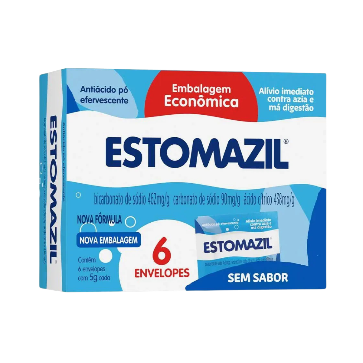 Estomazil 462mg/g + 90mg/g + 438mg/g, caixa com 6 envelopes 5g, sem sabor