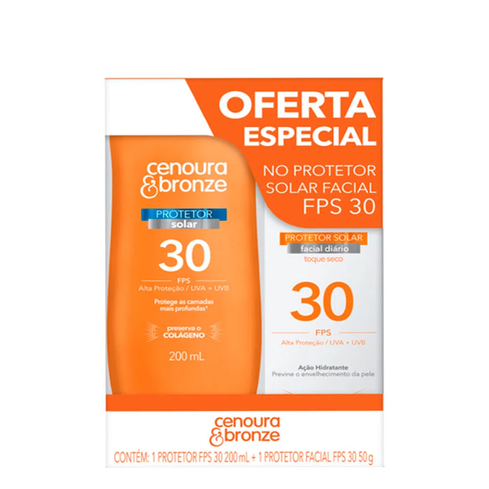 Kit Protetor Solar Cenoura e Bronze Corpo FPS 30 200ml + Facial FPS 30 50g