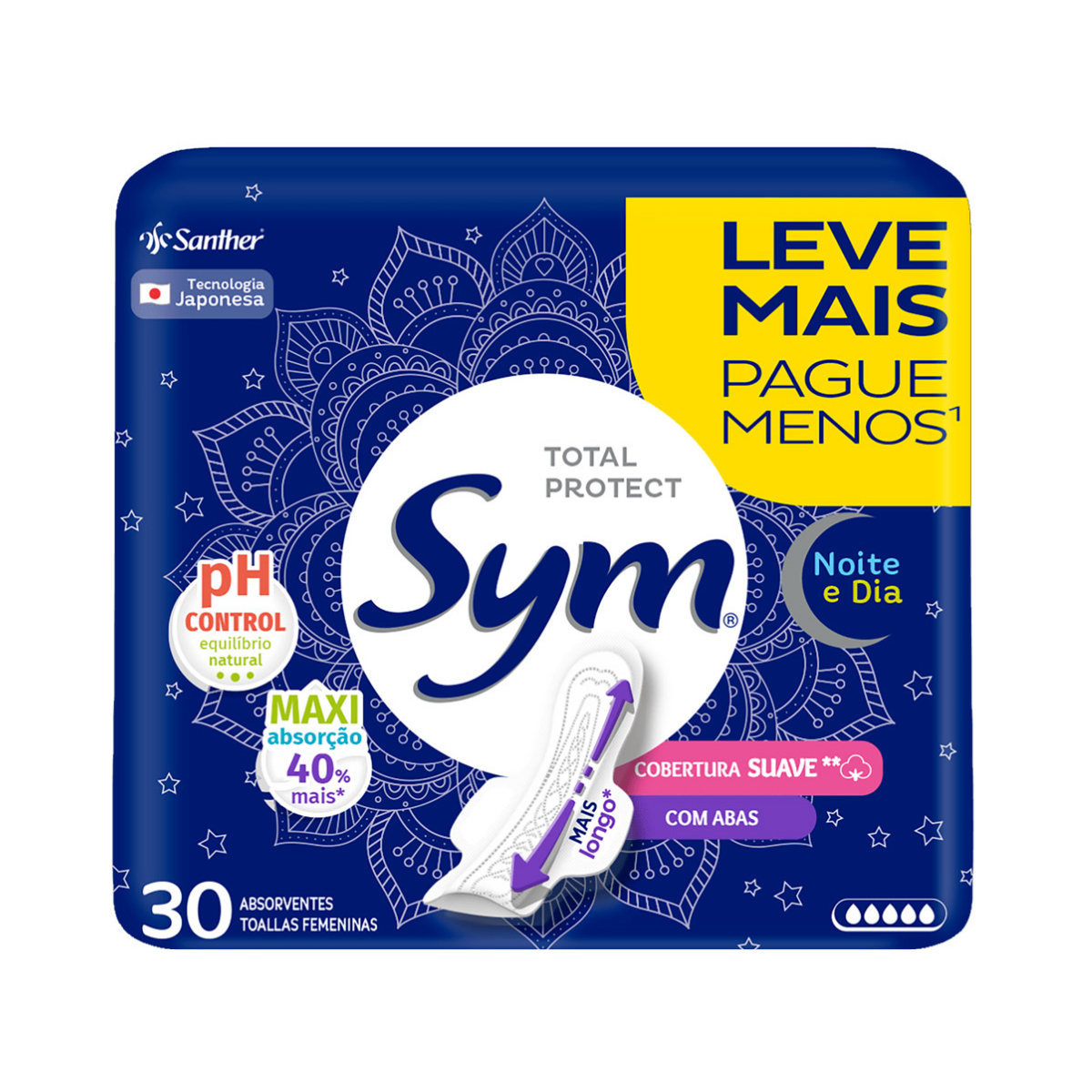 Absorvente Noite&Dia Cobertura Suave Com Abas Sym 30 Unidades