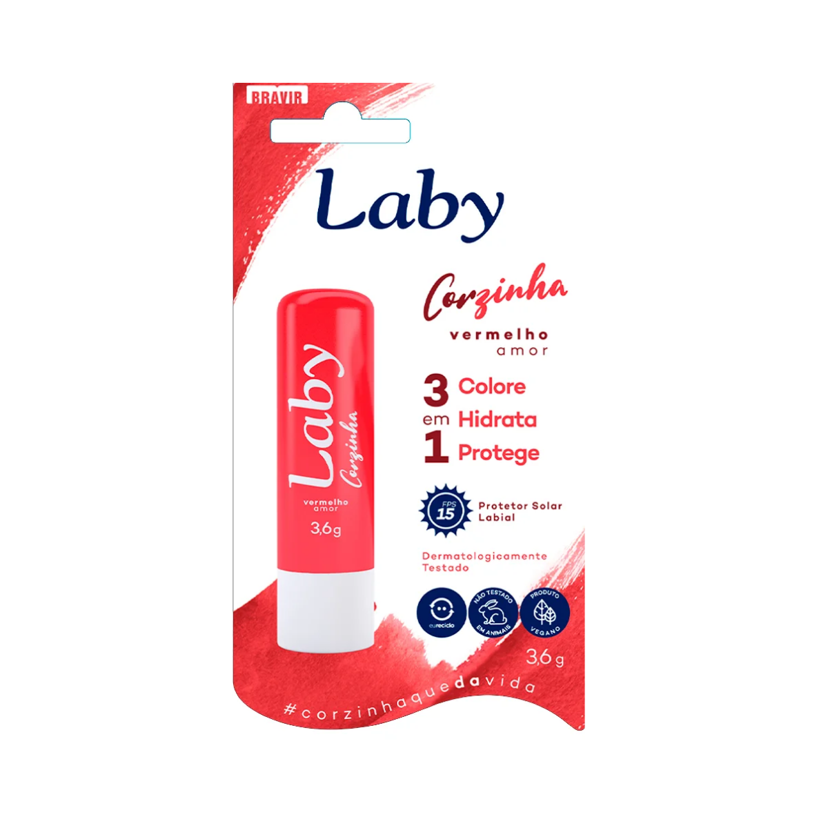 Protetor Labial Corzinha Vermelho Amor FPS 15 Laby Bravir 3,6g
