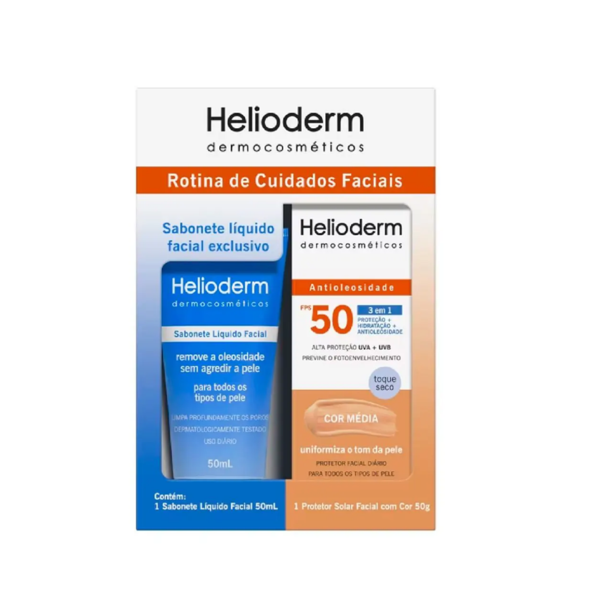 Kit Sabonete Liquido Facial Helioderm 50ml + Protetor Solar Facial FPS50 Cor Media 50g