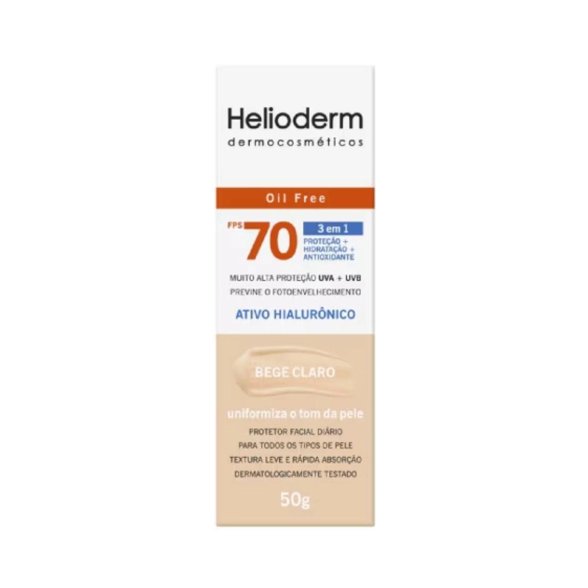 Protetor Solar Facial Hialuronico FPS 70 Ativo Bege Claro Helioderm 50g