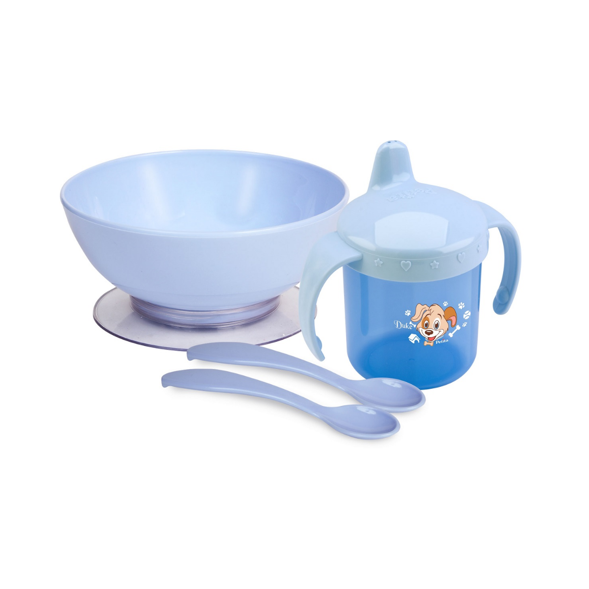 Kit Refeição Duke Azul Petita Prato Com Ventosa + Caneca Com Alça + 2 Colheres