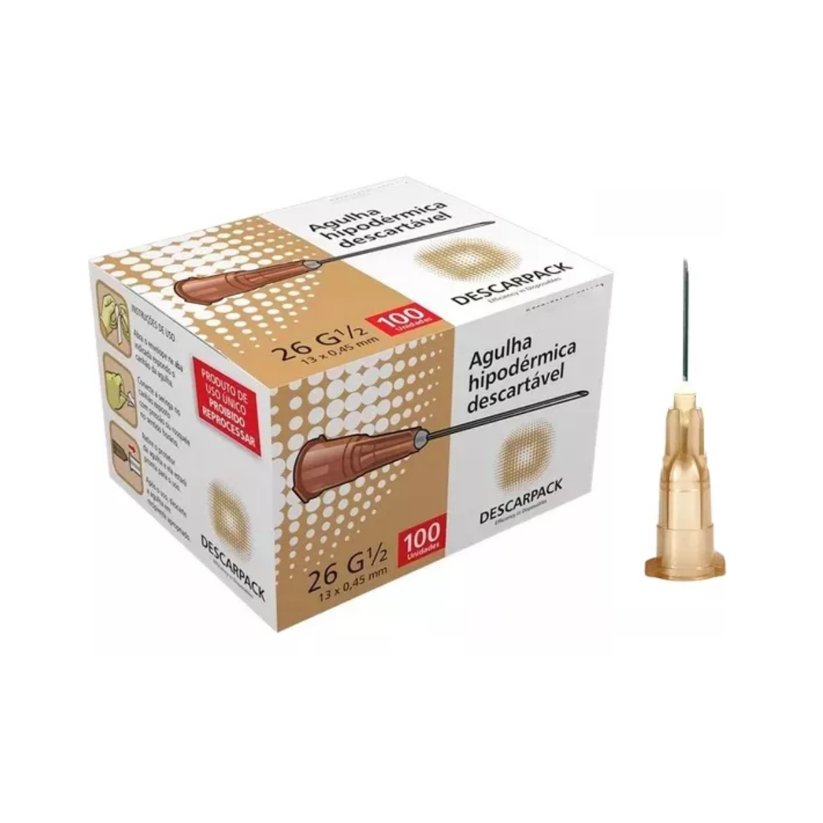 Agulha Hipodérmica Descarpack Descartável 13,0mm x 4,5mm, sortida, 21G, 100 unidades
