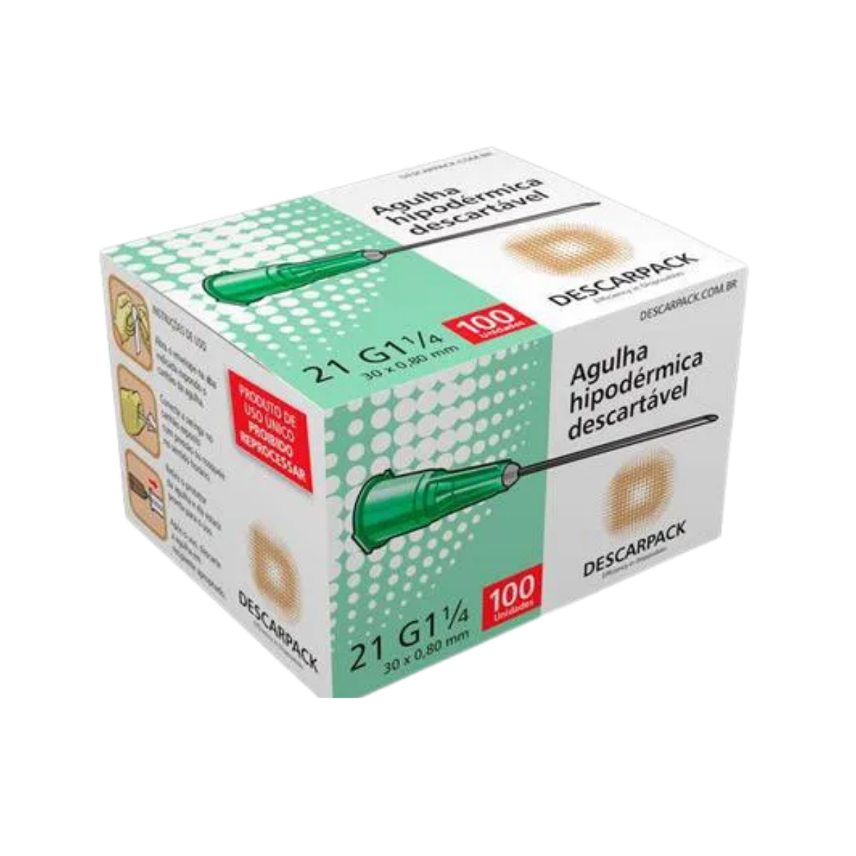 Agulha Hipodérmica Descarpack Descartável 30,0mm x 0,80mm, sortida, 21G, caixa com 100 unidades