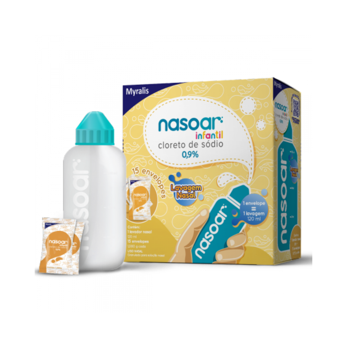 Nasoar Infantil 0,9% Solução Nasal 15 envelopes + Lavador Nasal 120Ml