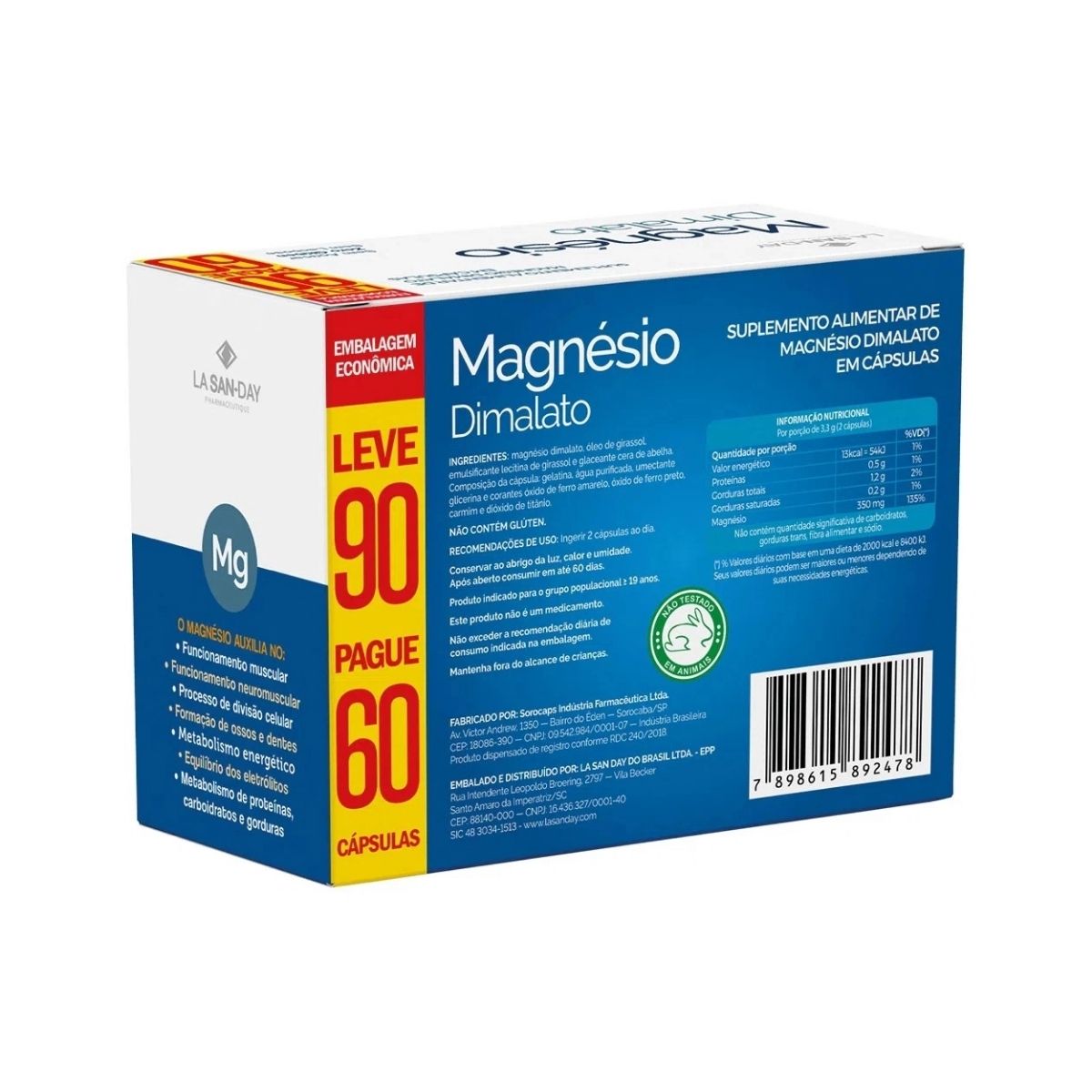Suplemento Magnésio Dimalato 30 Cápsulas La San Day