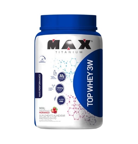 Top Whey Max Titanium Mais Performance morango, pote com 900g