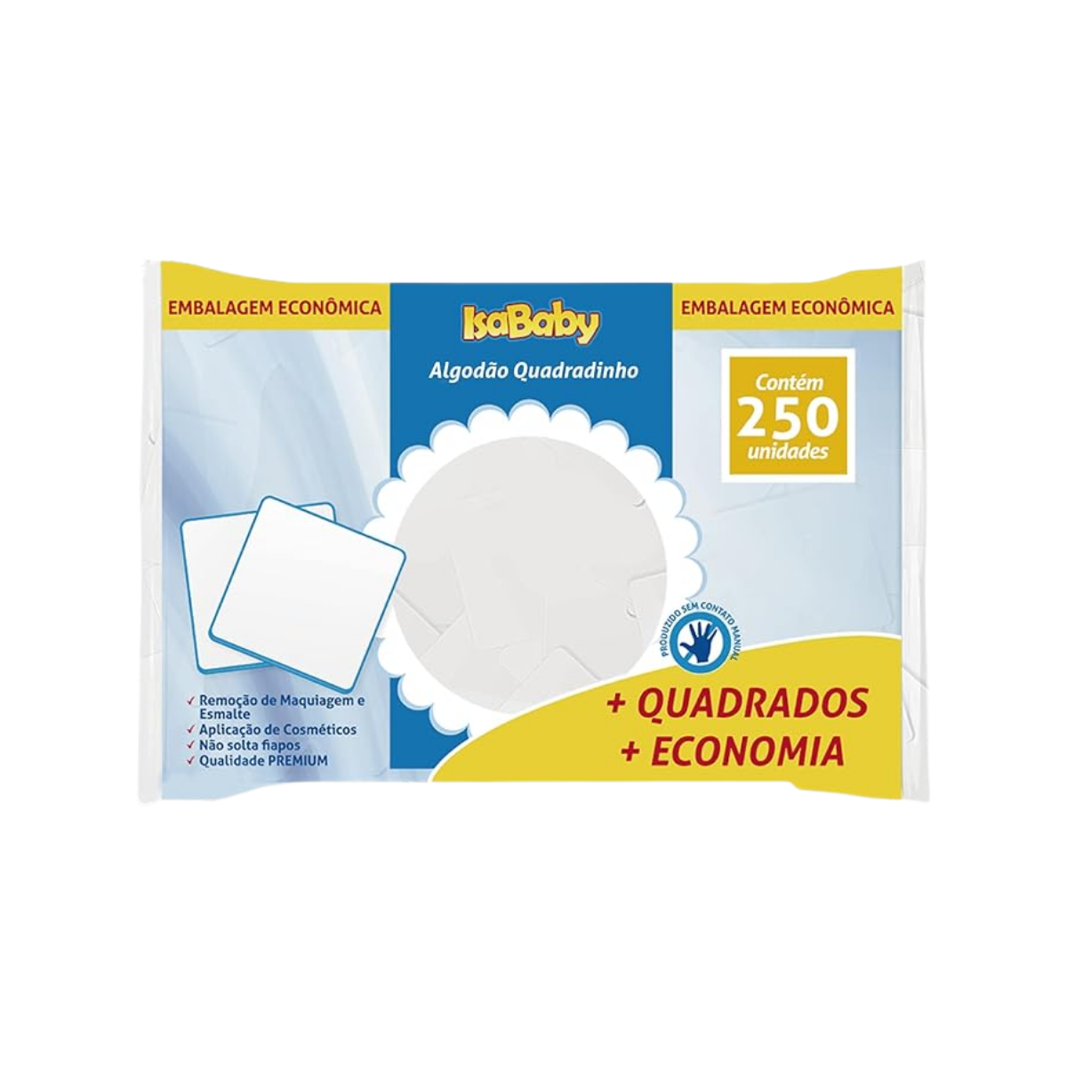 Algodão Quadrado IsaBaby branco, pacote com 250 unidades