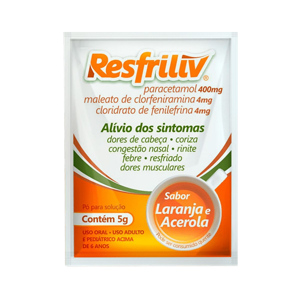 Resfriliv 400mg + 4mg + 4mg, sachê com 5g de pó para solução de uso oral, laranja/acerola