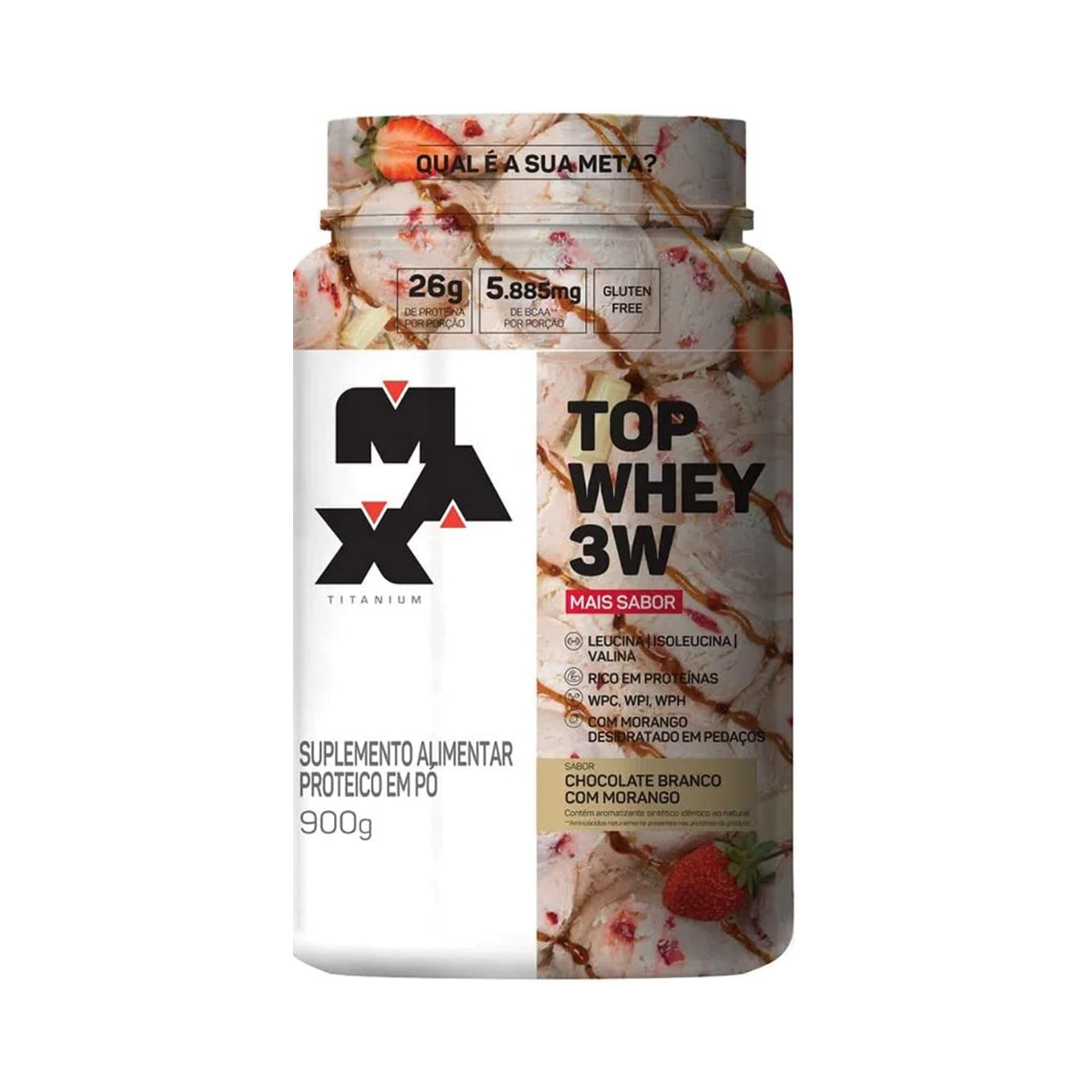 Top Whey 3W Gourmet Chocolate Branco Com Morango Max Titanium 900g