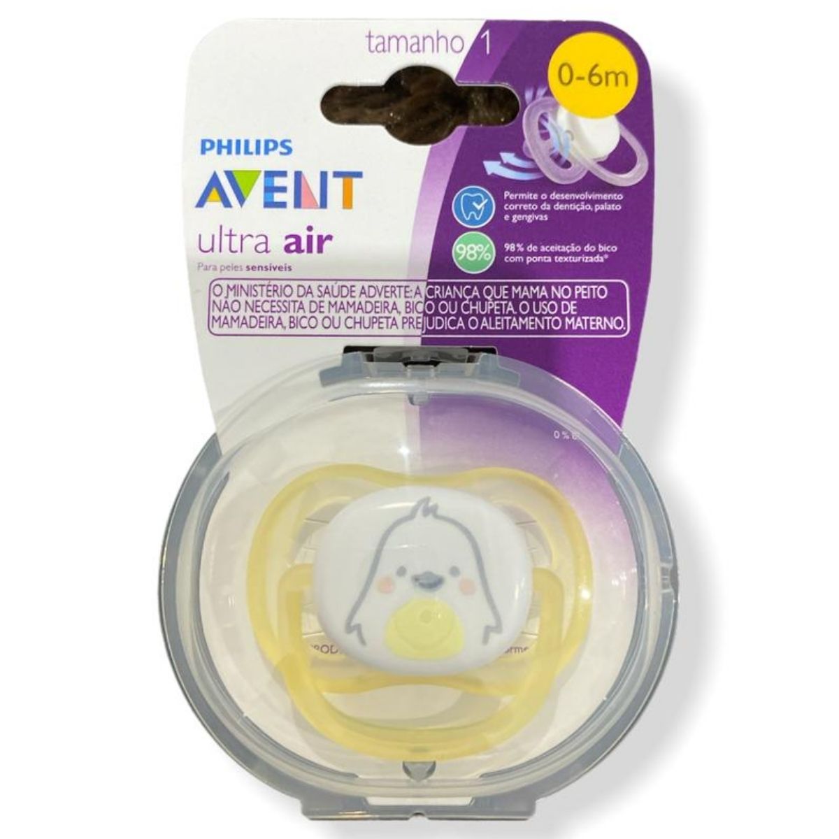 Chupeta Avent Ultra Air 0 a 6 meses, pinguim, amarelo e branco